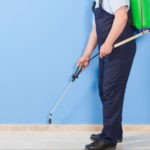 Professional pest control technician in uniform using a spray wand for residential extermination in Omaha, NE.