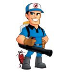 Cartoon illustration of a friendly Omaha Pest Control technician with a backpack sprayer and a leaf blower, standing next to a cockroach.