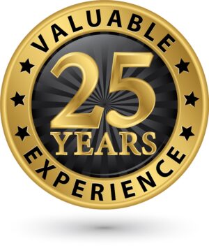 A gold circular emblem with black stars that reads "Valuable 25 Years Experience," representing the professional expertise of Omaha Pest Control in Nebraska.