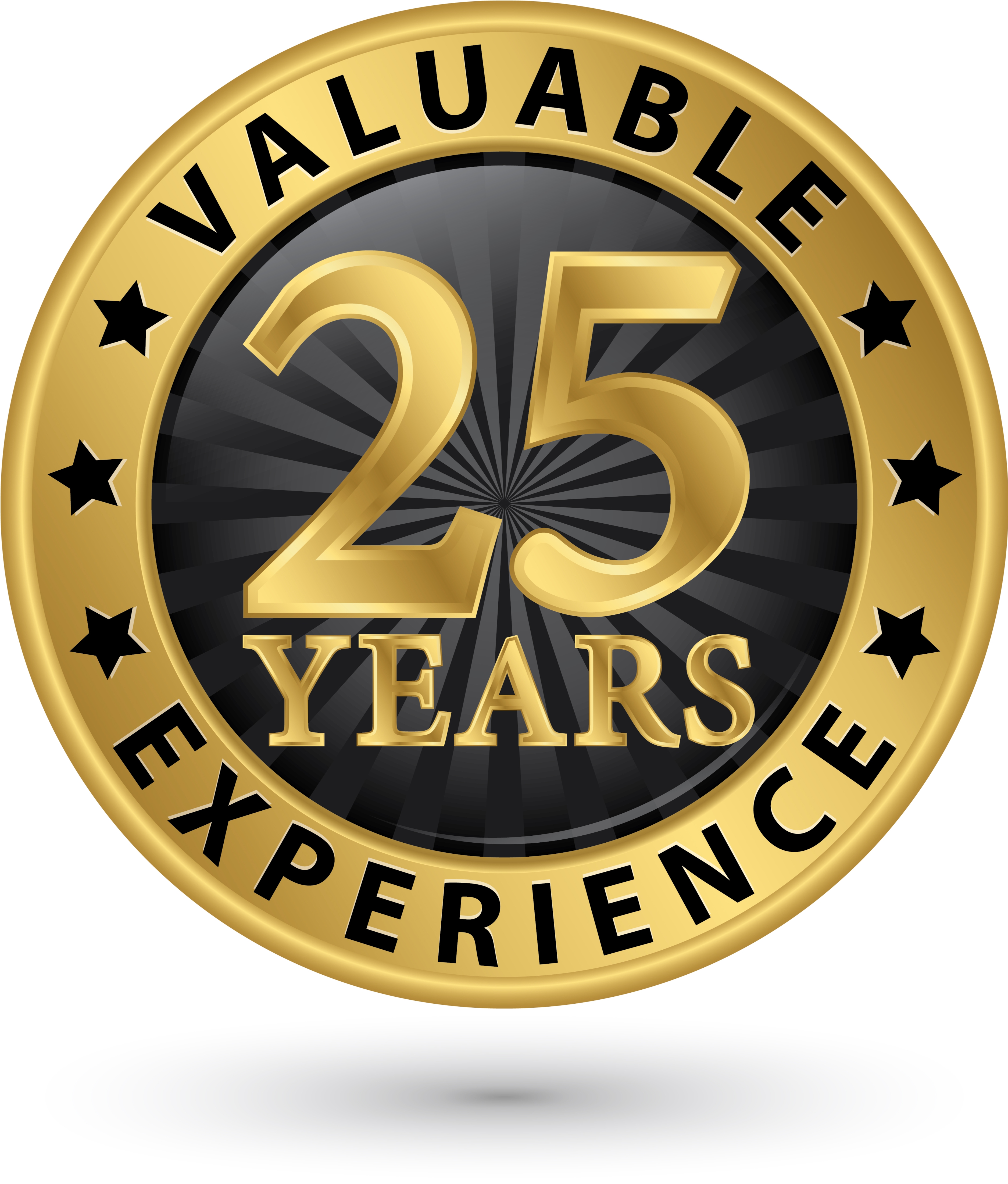 A gold circular emblem with black stars that reads "Valuable 25 Years Experience," representing the professional expertise of Omaha Pest Control in Nebraska.