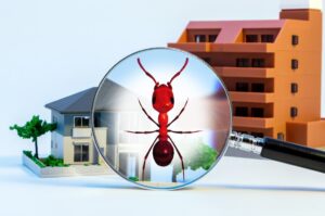 Professional ant inspection in Elkhorn, NE, using a magnifying glass to identify pests near residential buildings.
