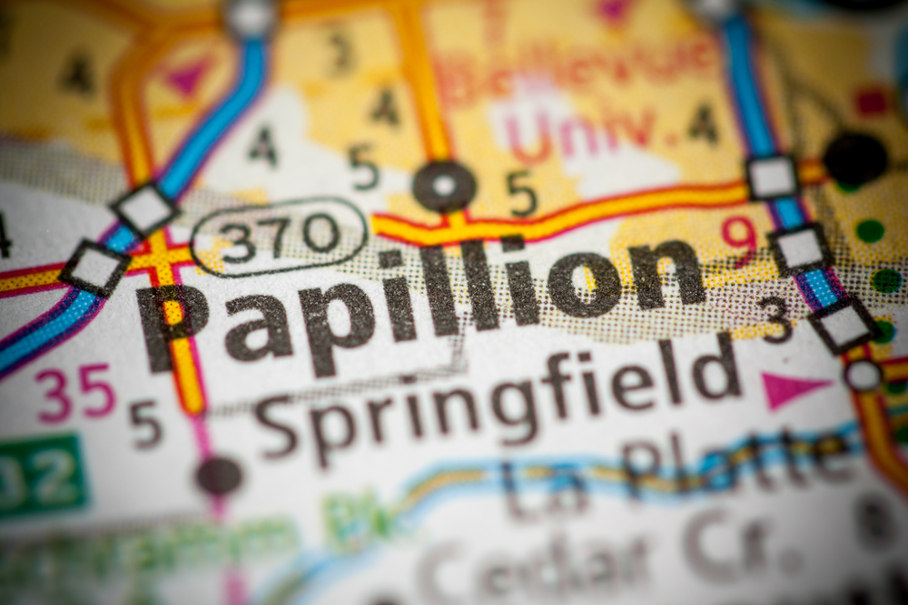 Map showing the pest control service areas in Papillion, Springfield, and La Platte, Nebraska.