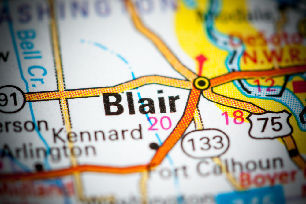 Alt Text: Map showing Blair, Nebraska and surrounding Washington County areas for local pest control services.